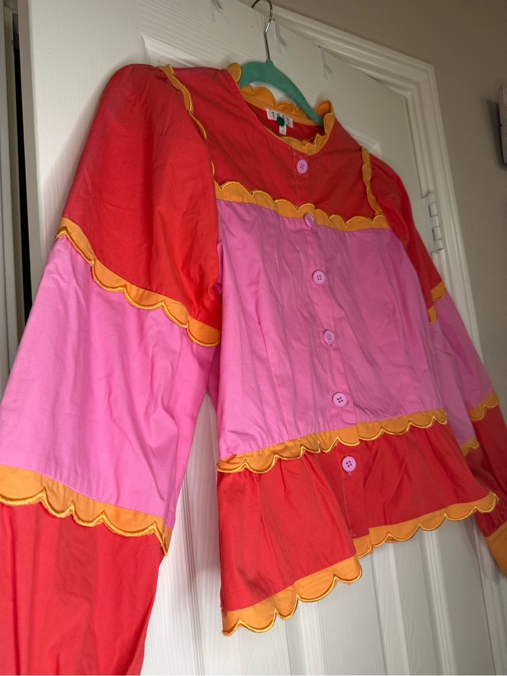 TCEC Colorblock Pink and Red Scallop-Trim Button Down Shirt - Picture 8 of 10